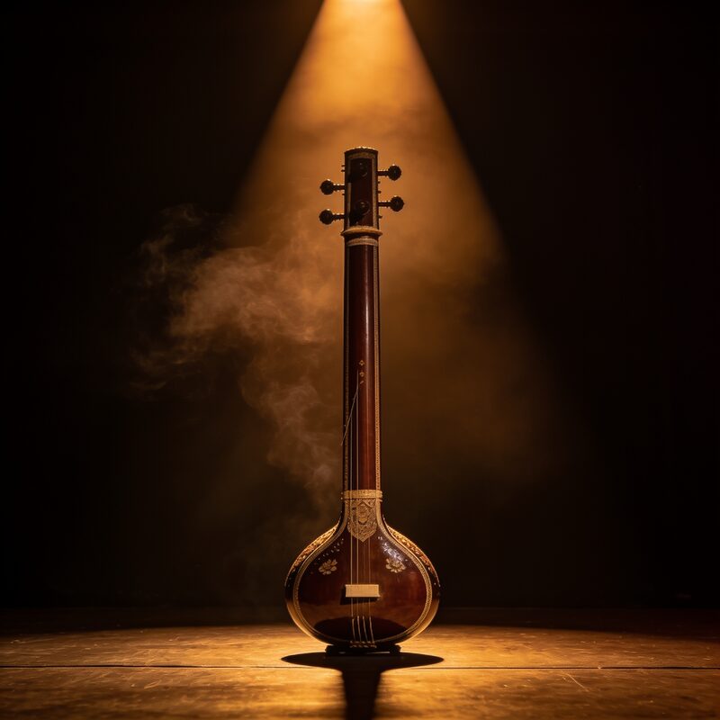 Tanpura standing upright in a warm spotlight on a dark stage