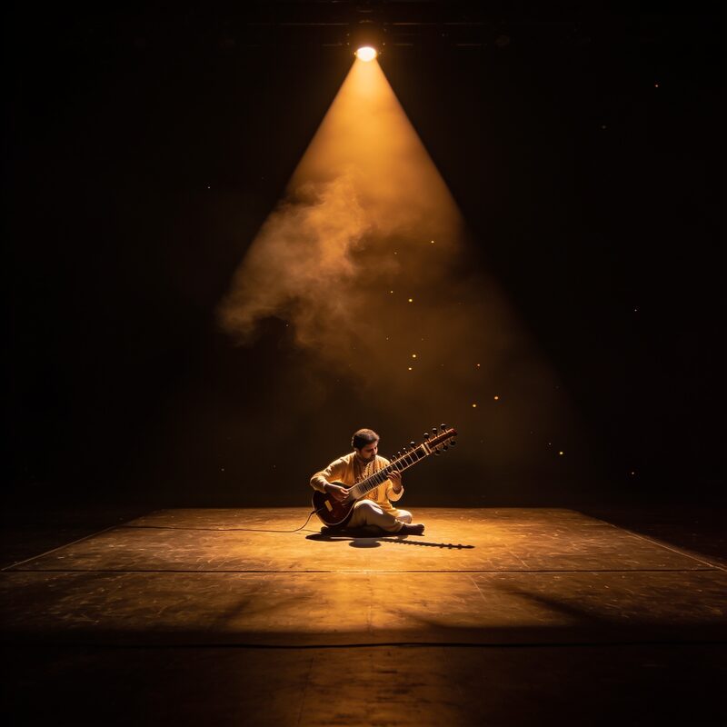Sitar player performing under a warm spotlight on a dark stage